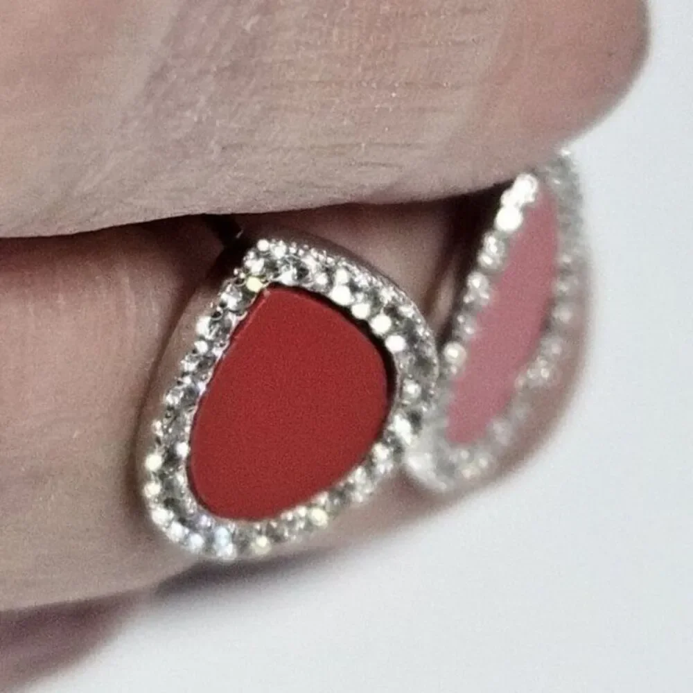 Sterling Silver With Red Teardrop Shaped Rhinestone Accent Dainty Earrings